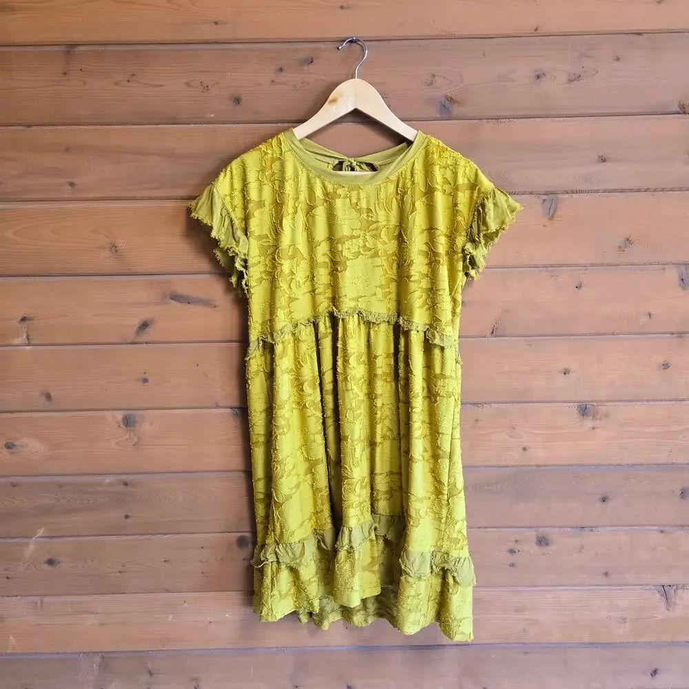 Anthropologie Ruffle Knit Mini Dress Chartreuse Bow Back Small Open Back Boho - Picture 2 of 6